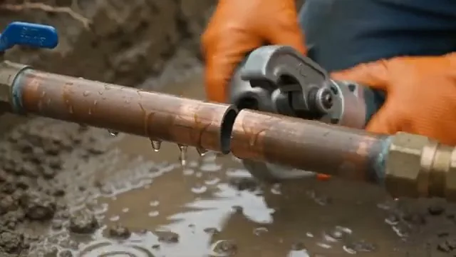 Gloved hands closing a pipe cutter on a copper line with water pooling beneath it