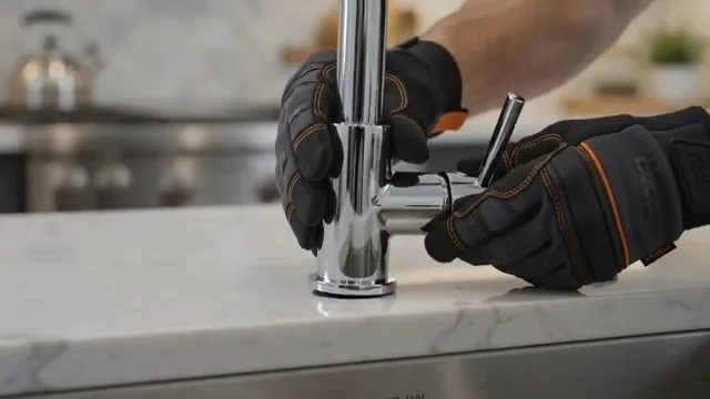 Gloved hands tightening a mixer tap onto a worktop