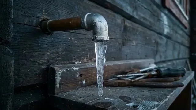 Outdoor pipe with a long icicle hanging from its end on a timber wall