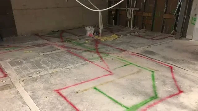 Concrete floor with red and green painted lines marking where pipes will run