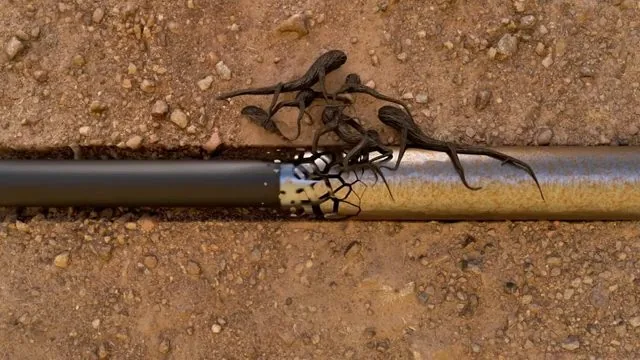 Tree roots growing out of a joint in a buried pipe lying on bare soil