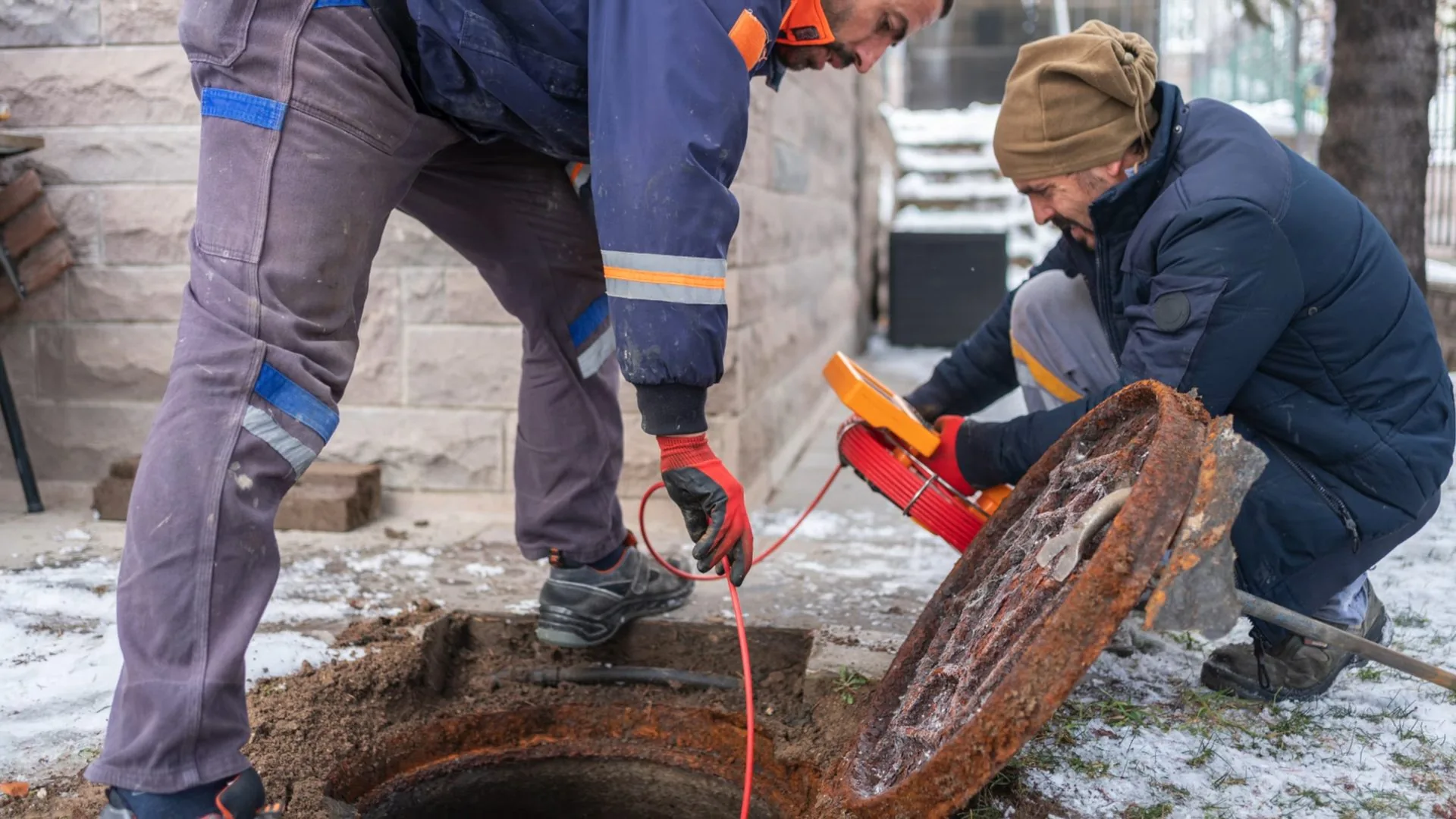 Two technicians standing at an open manhole in winter with a red cable running into it