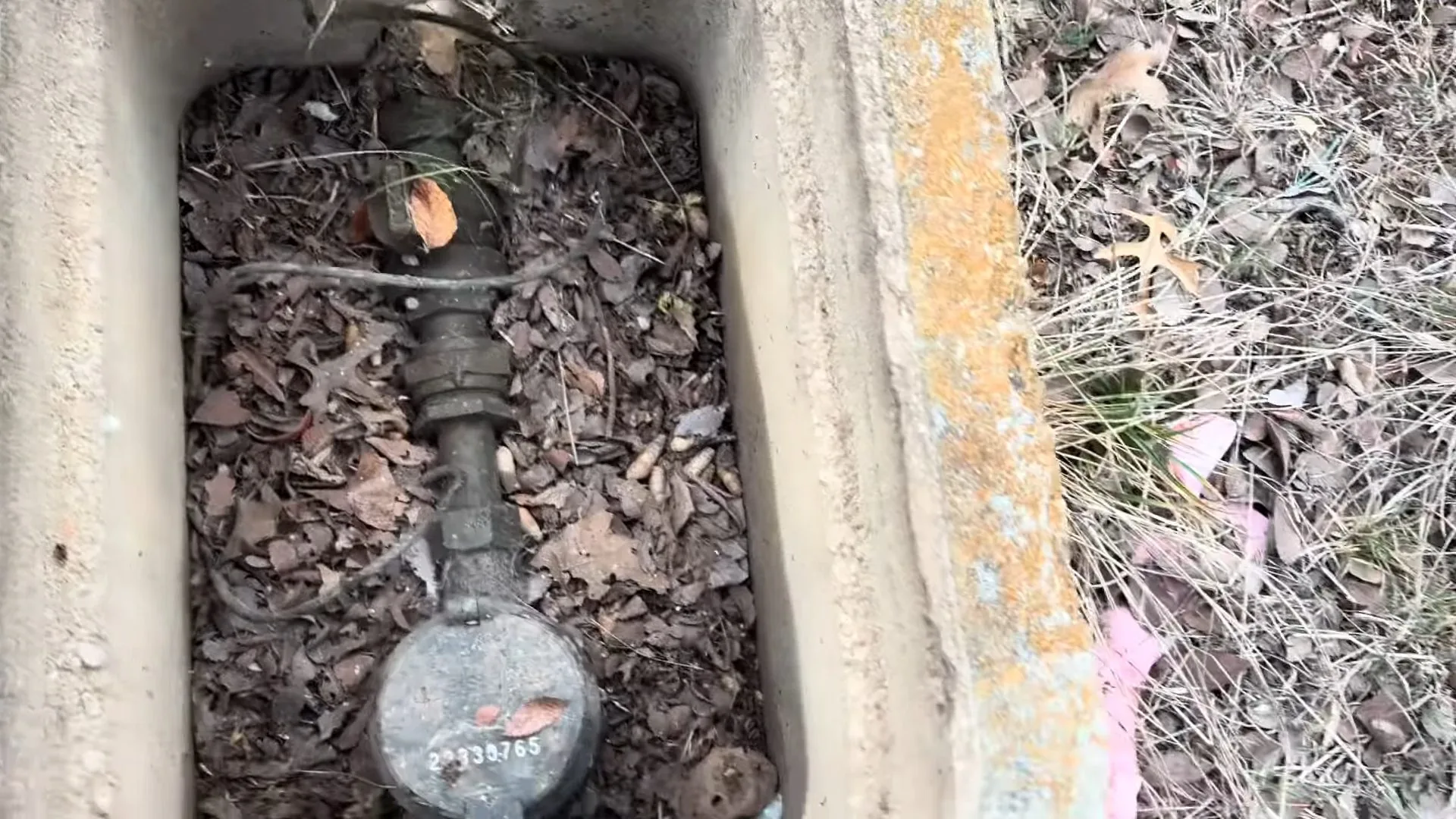 Open concrete meter box in the ground with a water meter and brass fittings under dry leaves